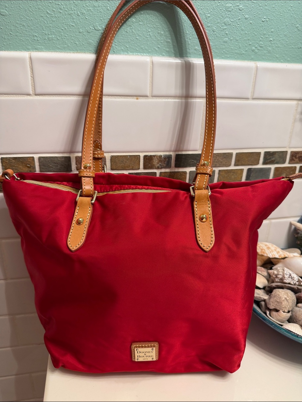 Dooney & Bourke Red Tote with Tan Straps